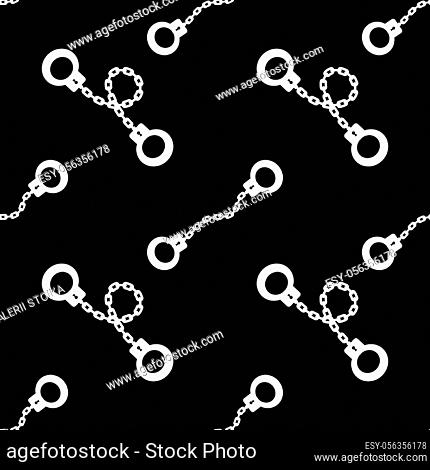 White Metal Handcuffs Seamless Pattern Isolated on Black Background