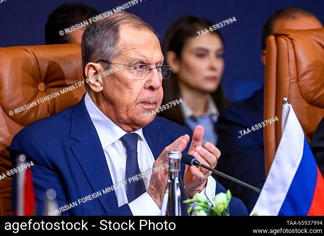 MOROCCO, MARRAKECH - DECEMBER 20, 2023: Russia's Foreign Minister Sergei Lavrov attends the 6th plenary session of the Russian-Arab Cooperation Forum