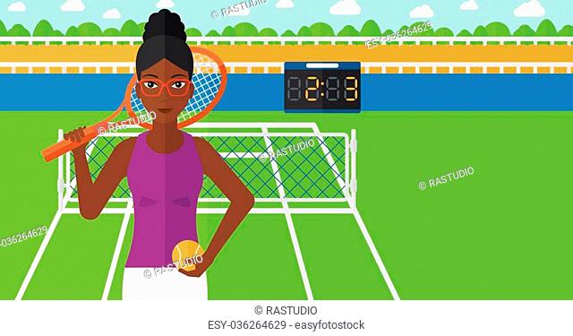 An african-american woman holding a tennis racket and a ball on the background of tennis court vector flat design illustration. Horizontal layout