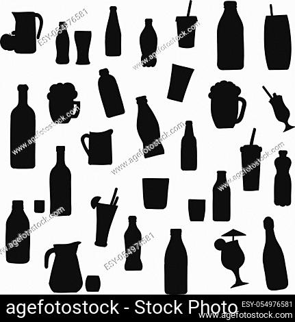 Alcohol and soft drink bottle vector silhouette icons. Bottles and cocktail glasses, fruit juice pitcher, soda cup with drinking straw, smoothie and milkshake