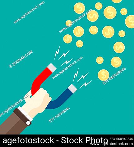 Human hand with a magnet dollar coins. Eps 10 vector file