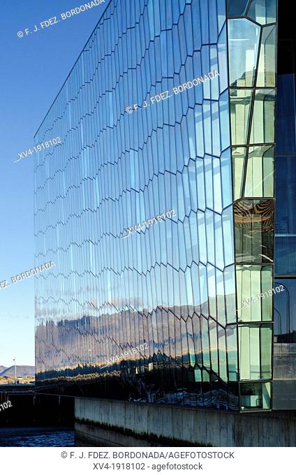 Harpa Concert Hall and Conference centre building designed by Hennin Larsen and Batteríið Architects  It is placed at Reykjavik harbour  Iceland