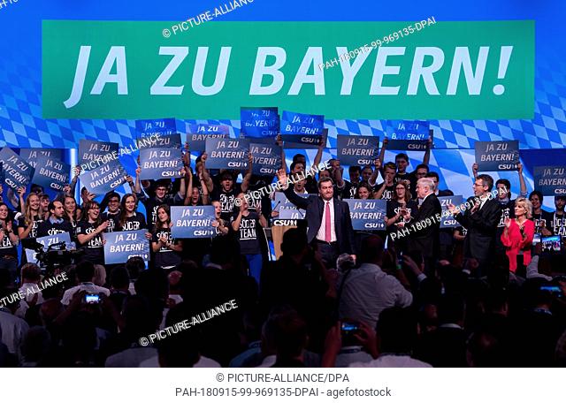 15 September 2018, Bavaria, Munich: Markus Söder (M), Prime Minister of Bavaria, and Horst Seehofer (M r, both CSU), Federal Minister of the Interior