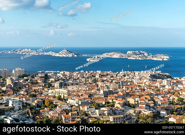 View of Marseille from basilica Notre-Dame de la Garde with the islands and If Castle, Provence, France