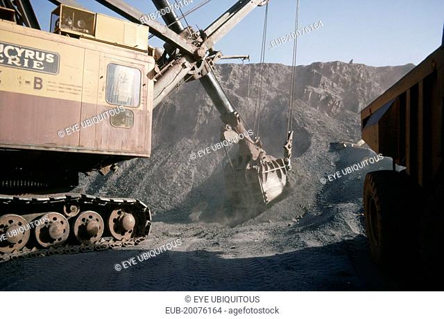 Extraction of iron ore by heavy machinery in mine