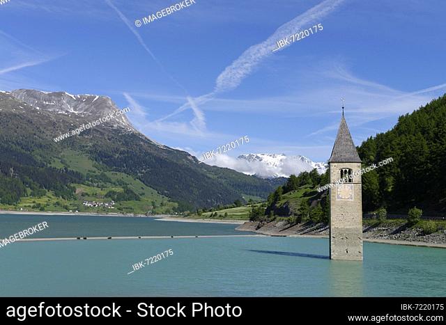 Old church spire of Graun in Reschensee, Reschenstausee, Vinschgau, South Tyrol, Alto Adige, Italy, Europe