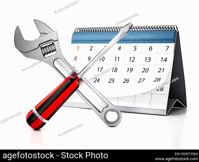 Crossed wrench and screwdriver with desktop calendar isolated on white background. 3D illustration