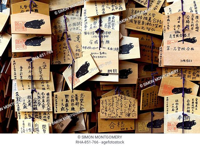 Votives (Ema prayer tablets), with prayers and wishes for success at Kitano Tenmangu Temple, Kyoto, Japan, Asia