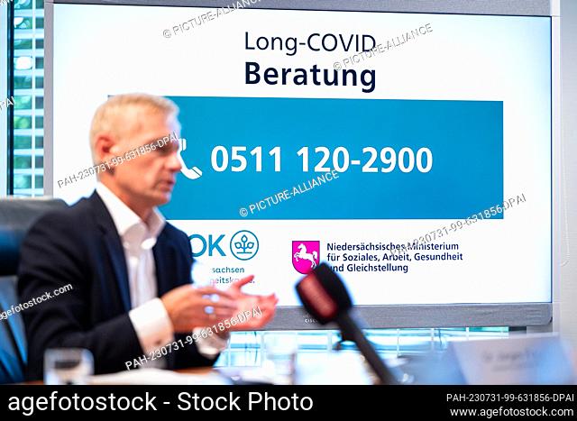 31 July 2023, Lower Saxony, Hanover: Jürgen Peter, Chairman of the Board of AOK Lower Saxony, speaks during the presentation of the new Long Covid counseling...