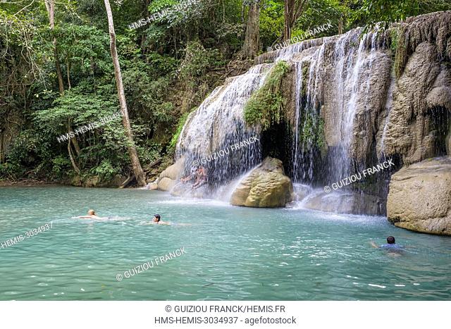 Thailand, Kanchanaburi Province, Si Sawat district, Erawan national park, Erawan waterfalls