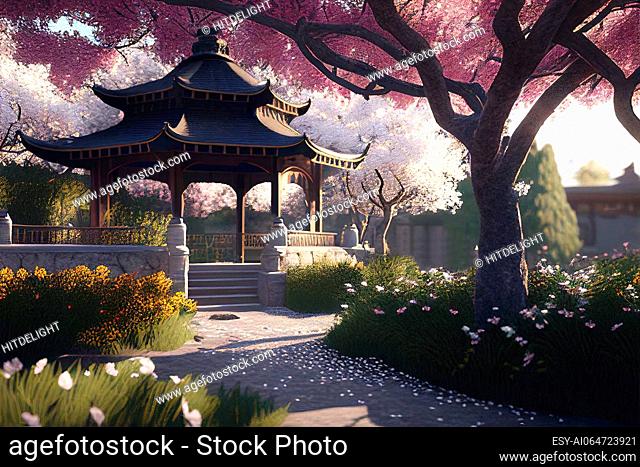 Asian garden with pagoda and sakura trees. Cherry blossom in park in spring season. Peaceful traditional japanese landscape