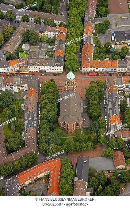 Aerial view, block perimeter development, Church of Mariae, Essen, Ruhr area, North Rhine-Westphalia, Germany, Europe