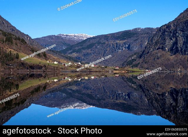 Reflection in lake Granvinvatnet near the Norwegian village Eidfjord