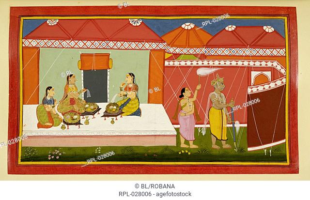 The queens of King Dasaratha are shown eating the blessed food, after which they became pregnant. Image taken from Ramayana, Bala Kanda
