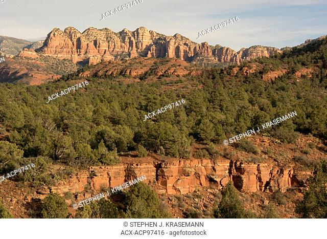 Scene of red rock formations from Red Rock State Park, Sedona, Arizona, North America. Geologically - Hematite/Iron oxide sedimentary rock laid down during...