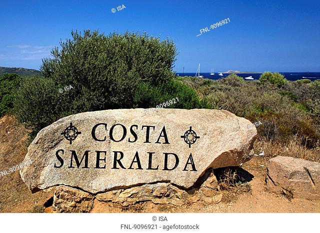 Rock with insription Costa Smeralda, Sardinia, Italy