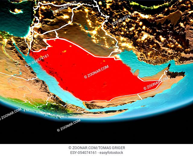 Country of Saudi Arabia in red on planet Earth in the evening with visible border lines and city lights. 3D illustration