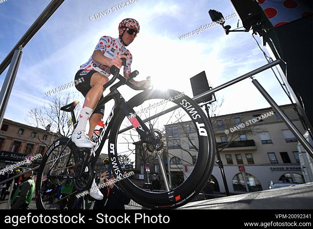 British Matthew Holmes of Lotto Soudal wearing the red polka-dot jersey at the start of the fifth stage of 80th edition of the Paris-Nice cycling race