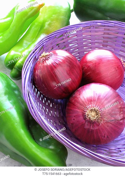 Purple onions and peppers