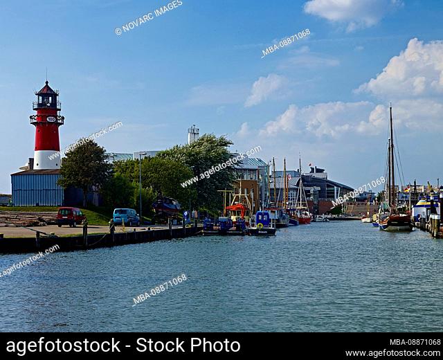 Museum Harbor with Lighthouse Bsum, Dithmarschen District, Schleswig-Holstein, Germany