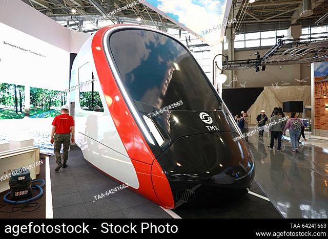 RUSSIA, MOSCOW - NOVEMBER 1, 2023: A mock-up of a TMX train cockpit is on display at an exhibition stand representing the Tver Region in the pavilion for the...