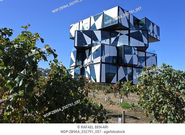 ADELAIDE - APR 23 2019:d'Arenberg Cube, a famous five storey multi-function building and tourist attraction set among Mourvedre vines at McLaren Vale in South...