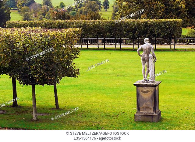 One of the many classic sculptures in the gardens of Chatsworth House, a favorite tourist site in the Midlands of England