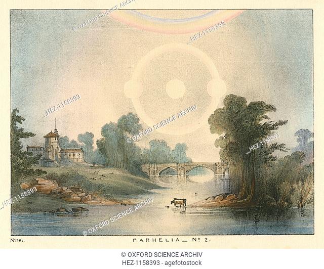 Parhelia (mock suns) combined with a halo and rainbow, 1721 (1845). This phenomenon, caused by atmospheric refraction, was observed in England in 1721