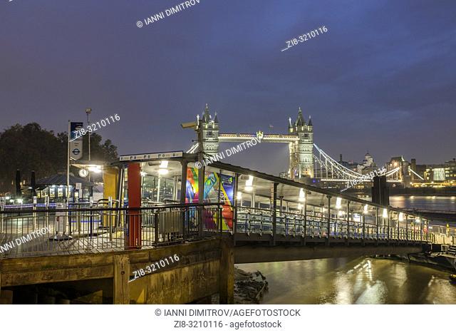 England, London- Tower Millenium pier terminal and boarding point for Thames River Services at night