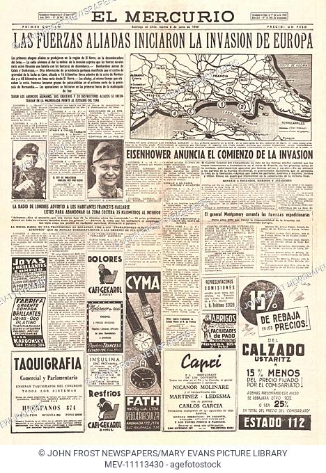 1944 El Mercurio (Chile) front page reporting D-Day landings of Allies at Normandy