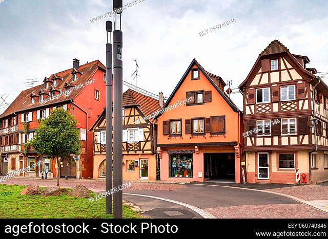 Street with historical houses in Obernai, Alsace, France