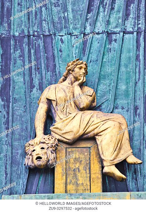 Façade relief bronze sculpture of the Muse of Comedy, Staerekassen, Royal Danish theatre, Copenhagen, Denmark, Scandinavia