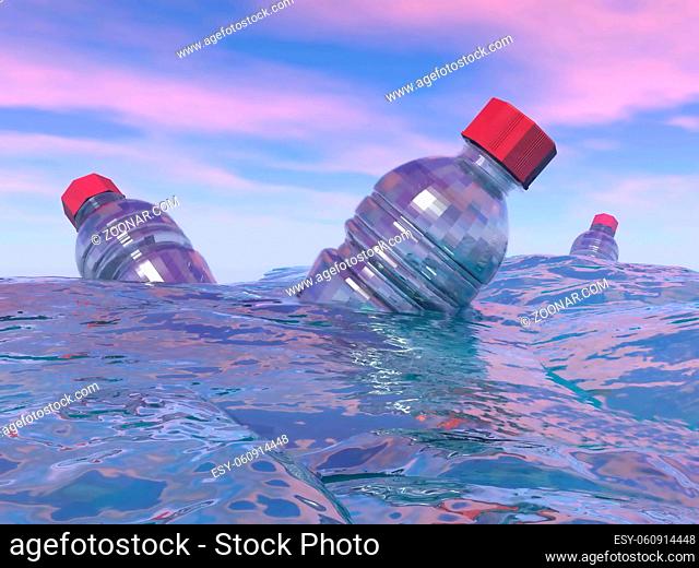 Pollution of three plastic bottles floating in the ocean by sunset - 3D render