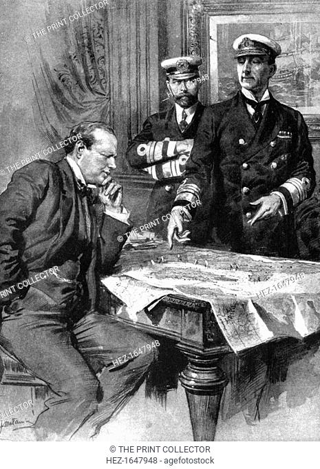 Winston Churchill, Charles Madden and Sir John Jellicoe, First World War, 1914. Churchill, First Lord of the Admiralty; Madden