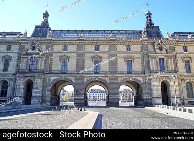 Paris (1st arr.) 04/01/20. The Louvre, Denon wing, Place du Carrousel completely empty following the confinement of the population to fight against the COVID-19...