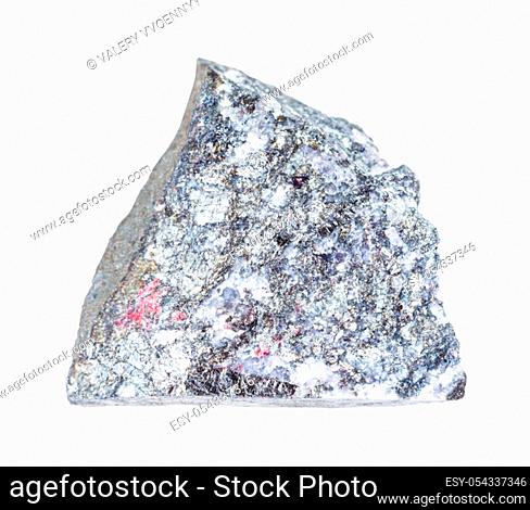 closeup of sample of natural mineral from geological collection - raw Stibnite (Antimonite) rock isolated on white background