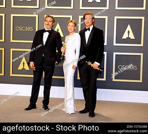 Joaquin Phoenix, Renée Zellweger and Brad Pitt at the 92nd Academy Awards - Press Room held at the Dolby Theatre in Hollywood, USA on February 9, 2020