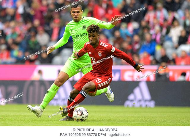 04 May 2019, Bavaria, Munich: Soccer: Bundesliga, Bayern Munich - Hannover 96, 32nd matchday in the Allianz Arena. Jonathas from Hannover (back) and Kingsley...
