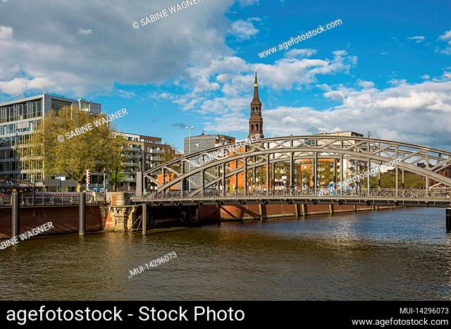 View of Brooks Bridge and St. Peter's Church in Hamburg's Speicherstadt warehouse district