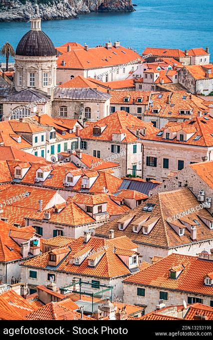 Dubrovnik, Croatia - April 2018 : View of the old houses in Dubrovnik, as seen from the Old Town fortified walls