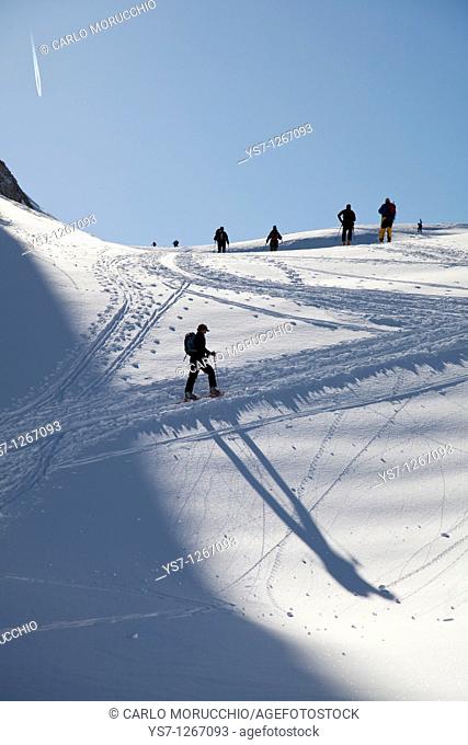 Ski mountaineering at Pale di San Martino, Dolomites, eastern Alps, Trentino Alto Adige, Italy