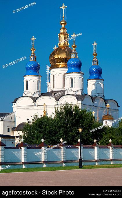 The view of five-domed St Sophia-Assumption Cathedral - the first stone building in Siberia. Tobolsk Kremlin. Tobolsk. Tyumen Oblast. Russia