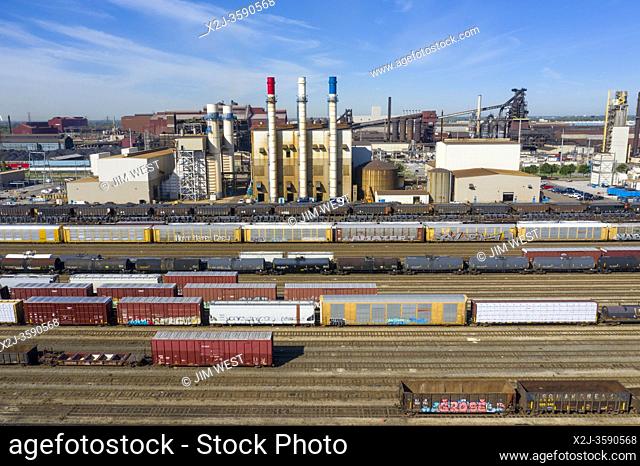 Dearborn, Michigan - The CSX rail yard adjacent to the massive Ford Rouge industrial complex. The red, white, and blue smokestacks are part of the Dearborn...
