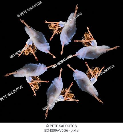 Composite repetition circle of six female ballet dancers leaping