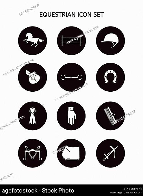 Vector flat set collection of black round horse riding equestrian sport equipment isolated on white background
