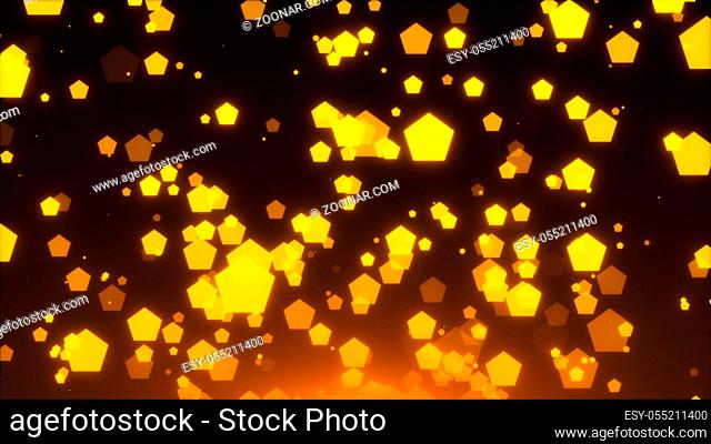 Many gold glittering pentagones are in space, holiday 3d rendering background, golden explosion of confetti