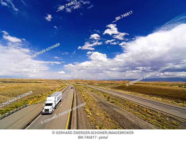 Truck driving along Interstate 95 (I-95), Utah, USA
