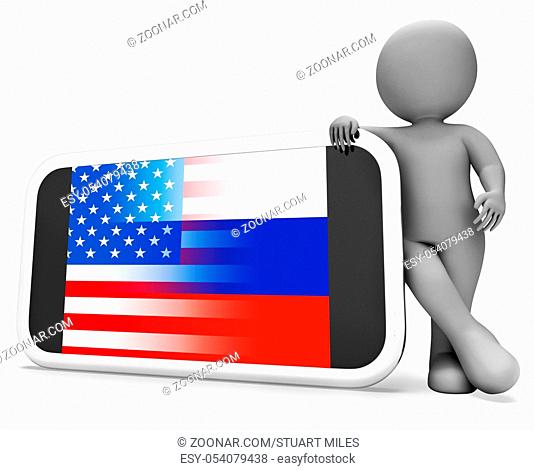 Telephone Hacker Web Espionage Alert 3d Illustration Shows Russian Internet Server Breach. Cybersecurity Protection From Russian Hackers Against American...