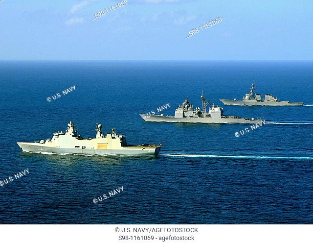 090220-N-1082Z-197 GULF OF ADEN Feb  20, 2009 The Dutch flexible support ship HDMS Absalon L 16, left, the guided-missile cruiser USS Vella Gulf CG 72 and the...