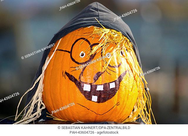 A painted pumpkin stands in a market garden in Dresden, Germany, 24 October 2013. Photo: Sebastian Kahnert/ZB | usage worldwide